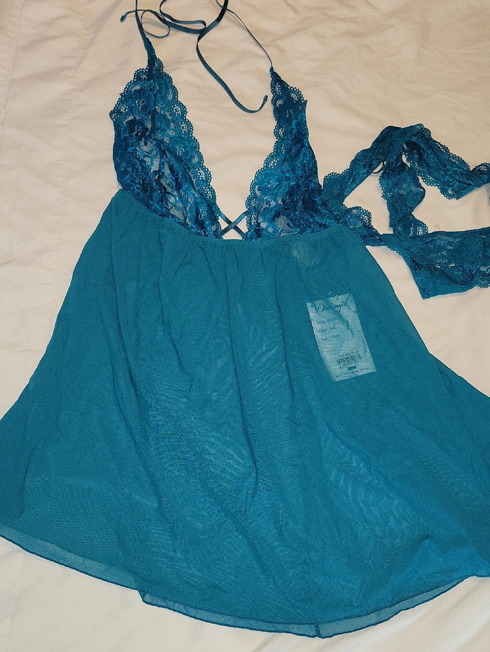 Teal Lace Halter Babydoll Chemise - Women Intimates & Sleepwear 2 Pc
